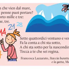 Illustrazione colorata con due bambine, numeri e un uccellino. Testo di filastrocche per bambini.