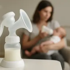Laktacja w pełni. Laktator z mlekiem na pierwszym planie, w tle mama karmiąca dziecko butelką.
