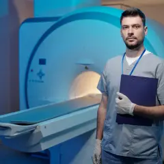Lekarz w fartuchu i rękawiczkach stoi obok aparatu MRI. Czy rezonans głowy bez kontrastu ma sens?