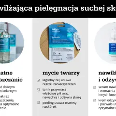 Pielęgnacja suchej skóry: płyn micelarny, maska nawilżająca i serum. Pomaga zwalczyć suchą skórę na twarzy.