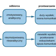 Schemat przedstawia dwie drogi perswazji: centralną (argumenty) i peryferyjną (wskazówki). Wpływają one na odbiorcę, prowadząc do trwałej lub czasowej zmiany postawy.
