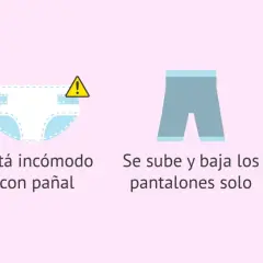 Bebé con pañal limpio, incómodo, bajándose pantalones y curioso por el baño. Señales para quitar el pañal.