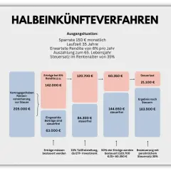 Grafik zeigt die ETF Altersvorsorge nach dem Halbeinkünfteverfahren. Ein ETF-Sparplan über 35 Jahre mit 6% Rendite ergibt 205.000 € vor Steuern. Nach Steuern bleiben 183.900 €.
