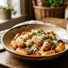 Deliciosos ñoquis caseros con salsa de tomate, queso derretido y albahaca fresca. Una receta perfecta para disfrutar.