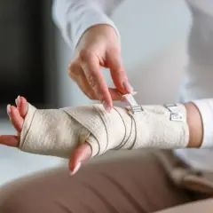Osoba starannie wykonuje bandażowanie ręki, zabezpieczając ją elastycznym materiałem i zapinając na klipsy.