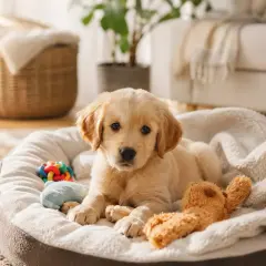 Adorable cachorro dorado descansa en su cama con juguetes. Ideal para quienes buscan perros hipoalergénicos.