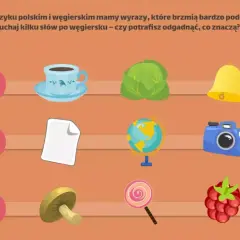 Polska i Węgry mają podobne słowa. Gra z ikonami: filiżanka, kapusta, dzwonek, papier, globus, aparat, grzyb, lizak, malina.