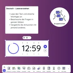Classroomscreen Deutsch: Stundenplan mit Deutsch-Aufgaben, Timer und Gruppenarbeit-Symbol.