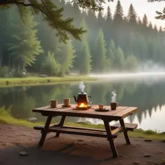En idyllisk morgon vid en sjö. En picknickbänk med kaffepanna och muggar, redo för en härlig kaffe vandring.