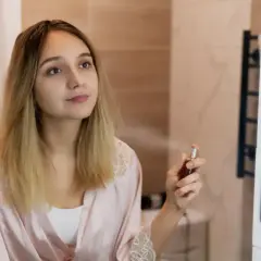 Młoda kobieta w szlafroku rozpyla perfumy. W powietrzu unosi się subtelny paczula zapach, otulając ją delikatną mgiełką.