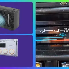 Un climatizador evaporativo que es: dos unidades de aire acondicionado, una negra y otra blanca, junto a un panel de control de clima de coche.