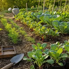 Un potager florissant en juillet, idéal pour savoir que planter. On y voit des semis de carottes, des betteraves, des choux et des navets.