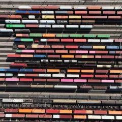 Eine riesige Sammlung von Güterwaggons und Containern, die auf vielen Gleisen in Deutschland aufgereiht sind.