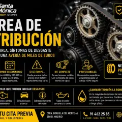 Primer plano de una correa de distribución gastada en un motor. El texto promociona el cambio de la correa para evitar averías costosas.