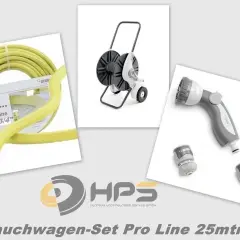 Gelber Gartenschlauch, Schlauchwagen, Sprühpistole und Anschlüsse. Ein professionelles Set für Ihren Garten.
