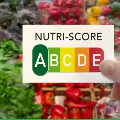 Karta z oznaczeniem nutri-score e, pokazująca skalę od A do E, na tle świeżych warzyw.