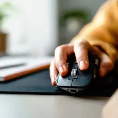 Eine Hand bedient eine Computermaus, die **Maus klickt doppelt**. Im Hintergrund ist eine Pflanze zu sehen.