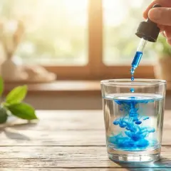 Kropla błękitu metylenowego leku rozpuszcza się w szklance wody, tworząc niebieskie smugi. Obok stoi pudełko z produktem.