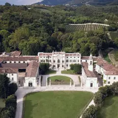 Tenuta Santa Maria: maestosa villa circondata da vigneti e alberi, con un ampio prato antistante.
