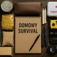 Zestaw do domowego survivalu: konserwy, makaron, ryż, woda, ciastka, apteczka, radio, latarka, narzędzia i świece.