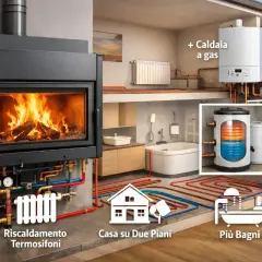 Schema di un impianto termocamino a legna che riscalda una casa su due piani, con acqua calda sanitaria e possibilità di integrare una caldaia a gas.
