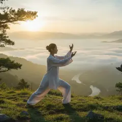Kobieta ćwiczy qigong co to jest, na tle mglistej doliny i gór o wschodzie słońca.