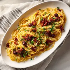 En skål med spaghetti, toppad med soltorkade tomater, oliver och persilja. En härlig pasta puttanesca.