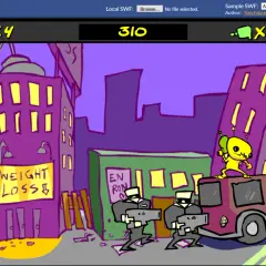 A yellow alien with a ray gun stands on a bus, facing armed men. This scene is from a game, possibly demonstrating how to make a .swf file.