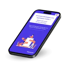 Un smartphone affiche un guide pour le développement d'applications mobiles, avec des illustrations de personnes travaillant sur un projet.
