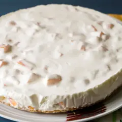Torta fredda con una soffice crema al melone e pezzetti di frutta arancione.
