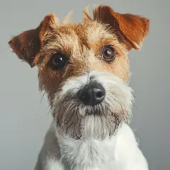 Primer plano de un adorable fox terrier con pelaje blanco y marrón, orejas puntiagudas y ojos curiosos.