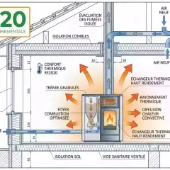 Schéma d'une maison RE2020 montrant un poêle à granulés, l'isolation, la ventilation et la récupération d'énergie pour une faible consommation.