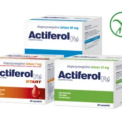 Actiferol Fe - suplementy diety z żelazem w saszetkach. Dostępne w wersjach 7 mg, 15 mg i 30 mg, dla niemowląt, dzieci i dorosłych.