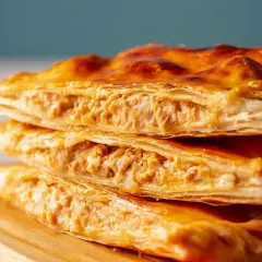 Empanada de atún dorada y crujiente, apilada en un plato de madera. El relleno de atún se ve jugoso y sabroso.