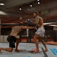 Two fighters in a UFC octagon. One fighter is on one knee, throwing a punch, showcasing advanced boxing combinations.