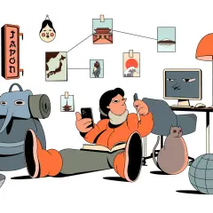 Una persona planea su viaje a Japón, rodeada de imágenes icónicas y un globo terráqueo. ¡Excelentes consejos de viaje para inspirarte!