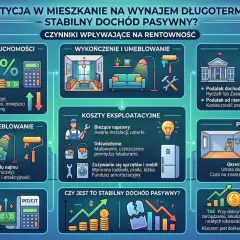 Schemat analizuje czynniki wpływające na rentowność inwestycji w mieszkanie na wynajem. Kluczem do stabilnego dochodu pasywnego jest dokładna analiza finansowa i planowanie.