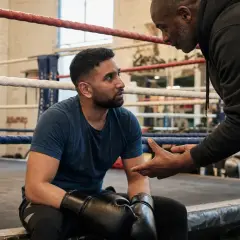 A boxer, sweat on his brow, listens intently as his coach explains that boxing is hard, but worth it.