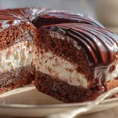 Pastel de chocolate cubierto de glaseado brillante, con relleno cremoso. ¡Un delicioso ding dong cake listo para disfrutar!