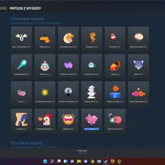 Ekran Steam z nagrodami, gdzie można zobaczyć jak kupić punkty Steam. Widoczne są różne ikony, np. zwierzęta, jedzenie, przedmioty.