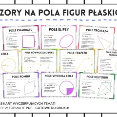 Karta z wzorami na pole deltoidu, gdzie P=½*e*f, a e i f to długości przekątnych.