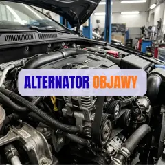 Silnik samochodowy z widocznym alternatorem. Napis "ALTERNATOR OBJAWY" sugeruje problemy z tym elementem.