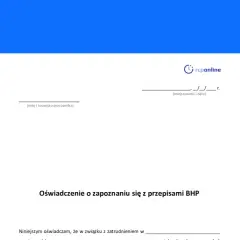 Fragment dokumentu "Oświadczenie o zapoznaniu się z przepisami BHP" z miejscem na podpis i datę.