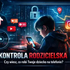 Chłopiec pochłonięty telefonem, otoczony ikonami mediów społecznościowych. Grafika symbolizuje kontrolę rodzicielską na telefonie i bezpieczeństwo dzieci w sieci.