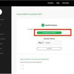 Ekran Spotify z opcją "Zmień lub anuluj" dla Spotify Premium. Kliknij, aby dowiedzieć się, jak zrezygnować ze Spotify Premium.