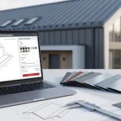 Laptop z kalkulatorem obróbek blacharskich, próbkami materiałów i narzędziami. Idealny do tworzenia wyceny.