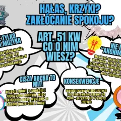 Grafika informuje o zakłócaniu spokoju, w tym o tym, że cisza nocna to mit. Wyjaśnia, że zakłócanie może wystąpić o każdej porze dnia i nocy.