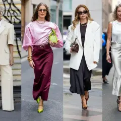 Eleganckie mama na komunii stylizacje: kremowy garnitur, różowa bluzka z bordową spódnicą, biała marynarka z czarną sukienką, biała bluzka ze srebrną spódnicą.