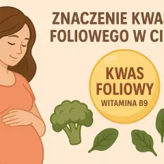 Ciężarna kobieta z uśmiechem na twarzy, obok niej brokuł, szpinak i żółte koło z napisem "Kwas foliowy witamina B9". Kwas foliowy na co? Na zdrowy rozwój dziecka.