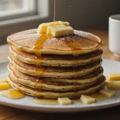 Pile de pancakes dorés arrosés de sirop et garnis de beurre, saupoudrés de sucre glace. Un délice pour le petit-déjeuner.